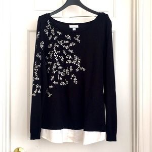 Charter Club Women’s Top XL Black White Sweater Shirt Long Sleeves Embroidered